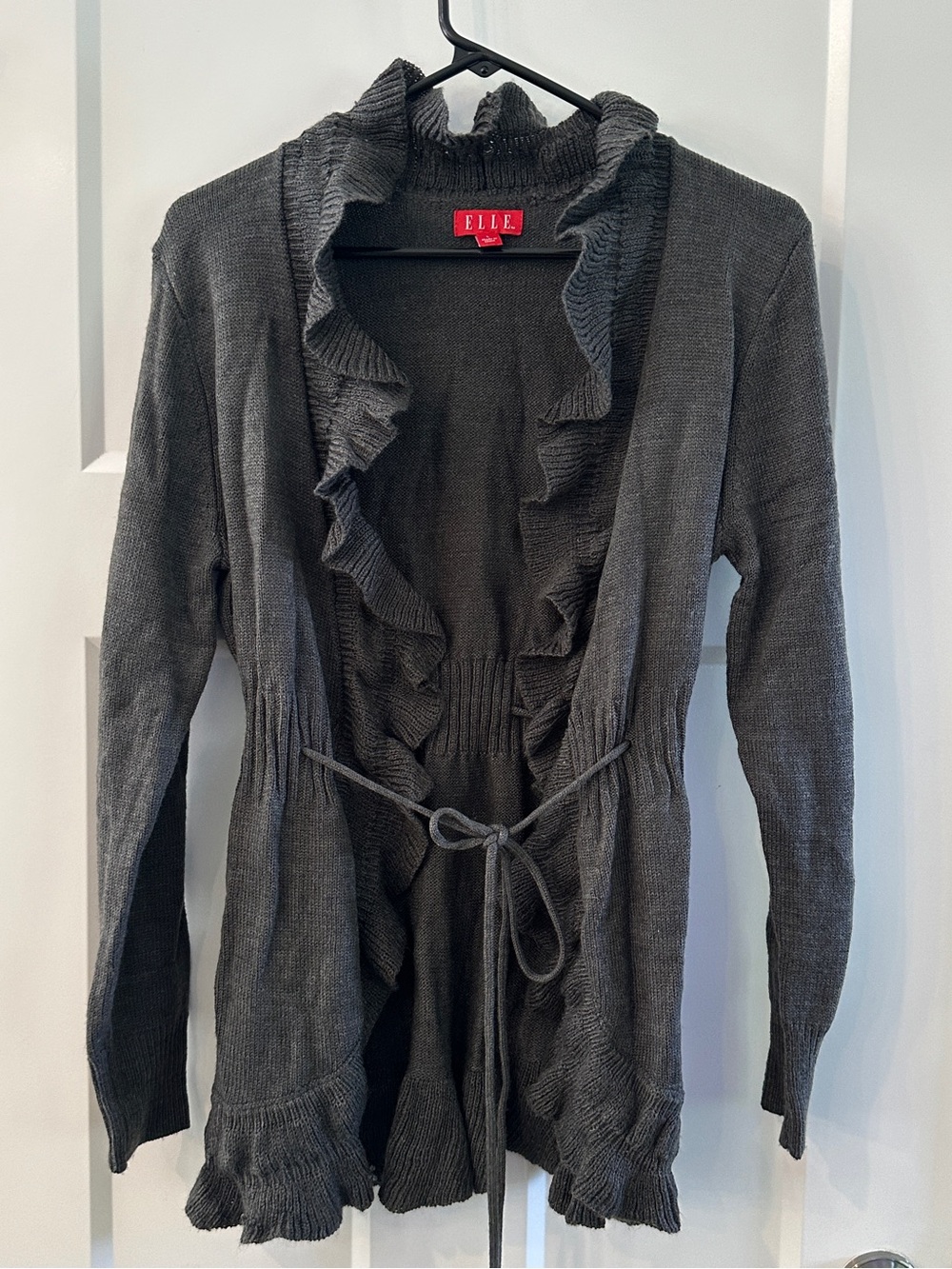 Elle women’s ruffled open front cardigan size large L gray